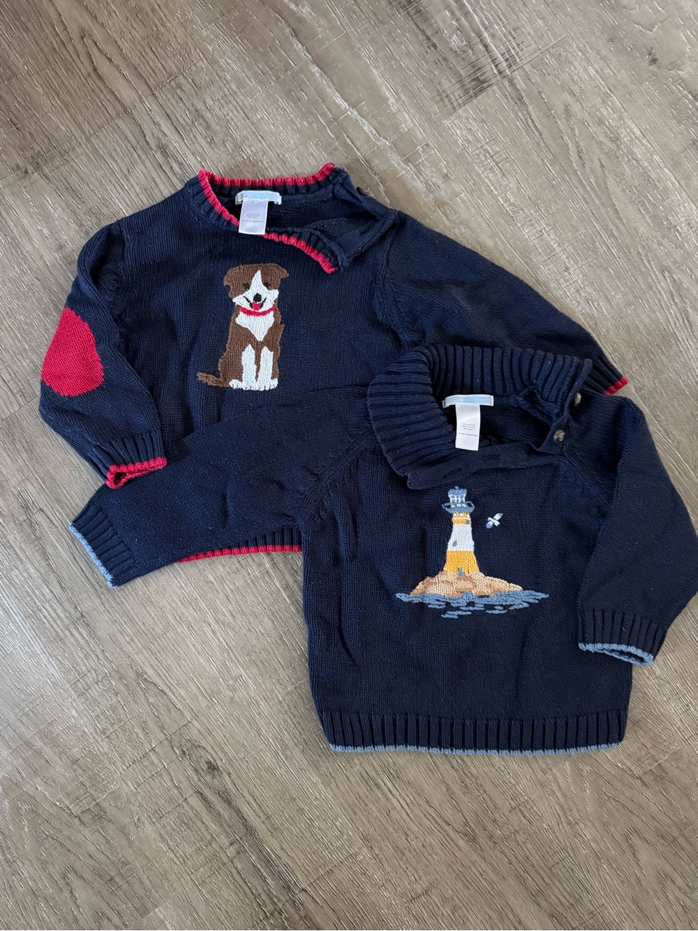 Janie and Jack Navy Baby Sweaters with Dog and Lighthouse Motifs